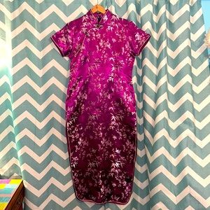 Chinese Vintage Cheongsam Zipper Mandarin Collar Floral Print Dress